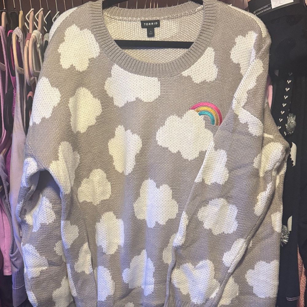 torrid taupe cloud sweater with white clouds and rainbow patch